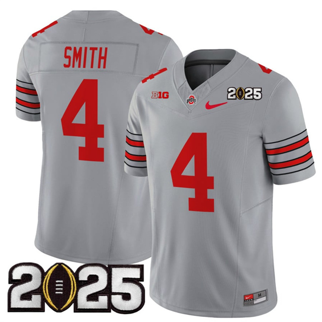 Men Ohio State Buckeyes #4 Jeremiah Smith Grey 2025 CFP Final Patch F.U.S.E. Vapor Limited Stitched NCAA Jersey->ncaa teams->NCAA Jersey